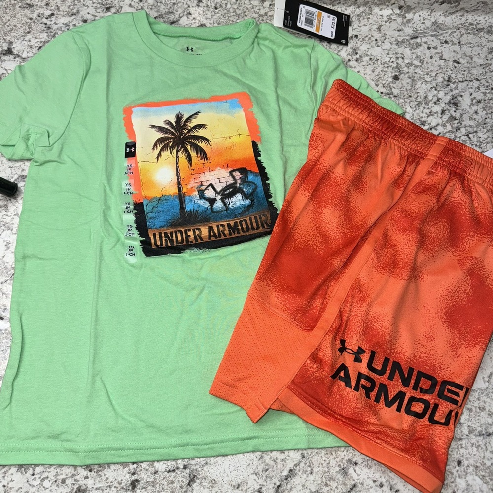 Under Armour Boys Youth Small (8) Summer Bright Orange Green Palm Outfit Set NEW